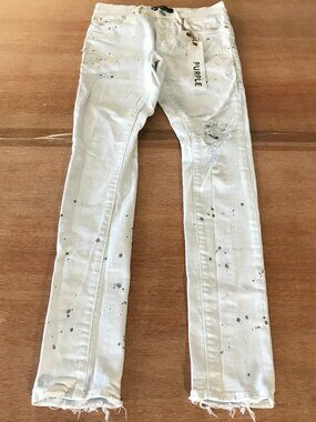 Purple Slim Fit Jeans Men 28x30 Gray White Paint Splatter Low Rise Raw Hem 19413